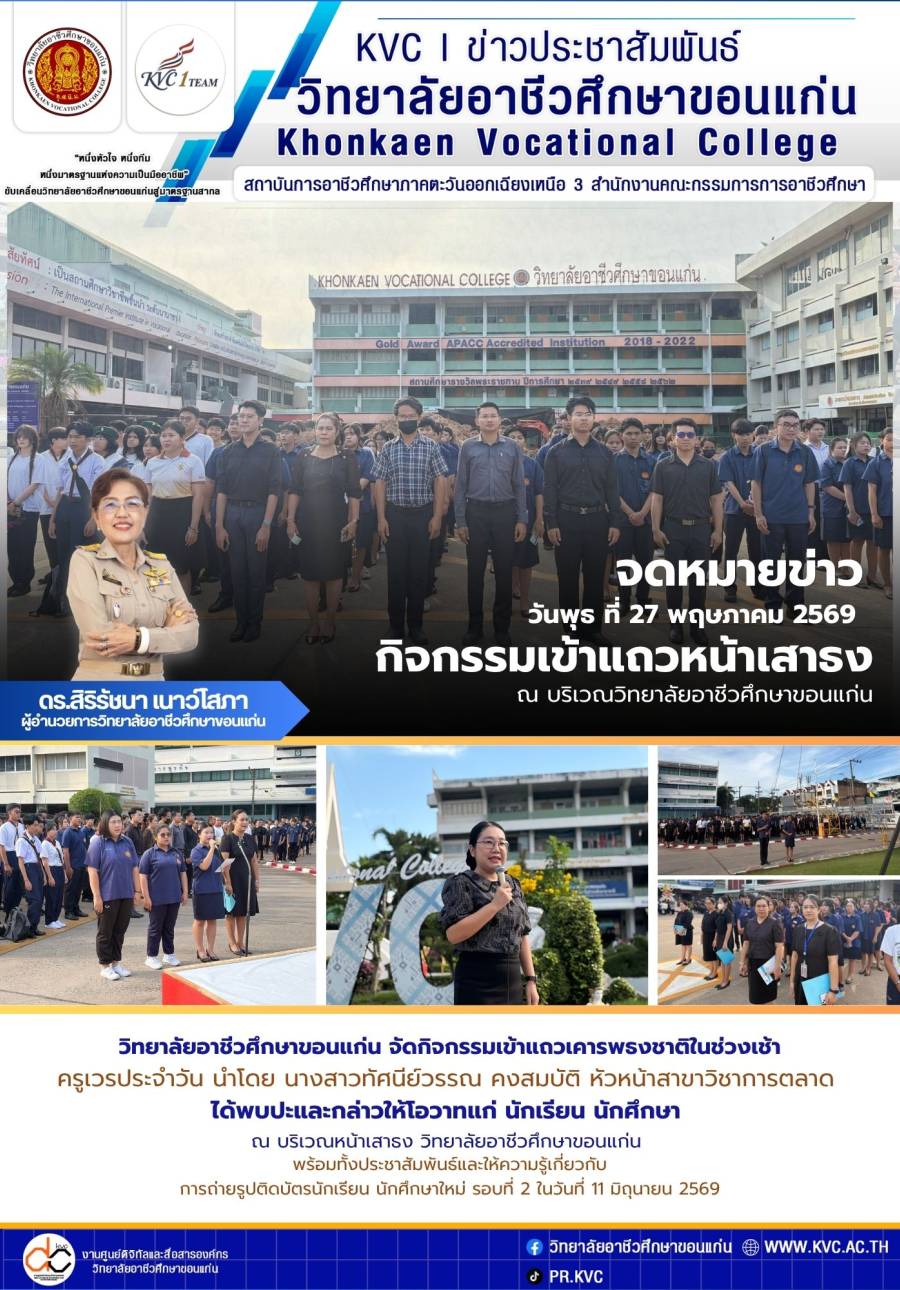 ครูเวรประจำวัน ได้พบปะ พูดคุย และกล่าวให้โอวาทแก่นักเรียน นักศึกษา ณ บริเวณหน้าเสาธง วิทยาลัยอาชีวศึกษาขอนแก่น 